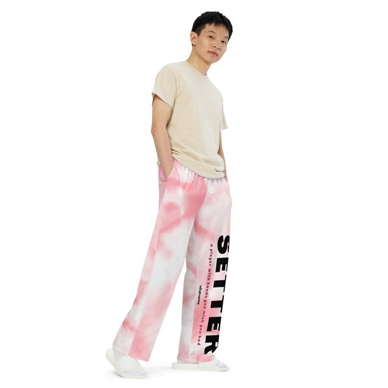 Shop my line of pink and white tie dye Setter Volleyball Wide Leg Pajama Pants with deep pockets and drawstring by Volleybragswag on ETSY.