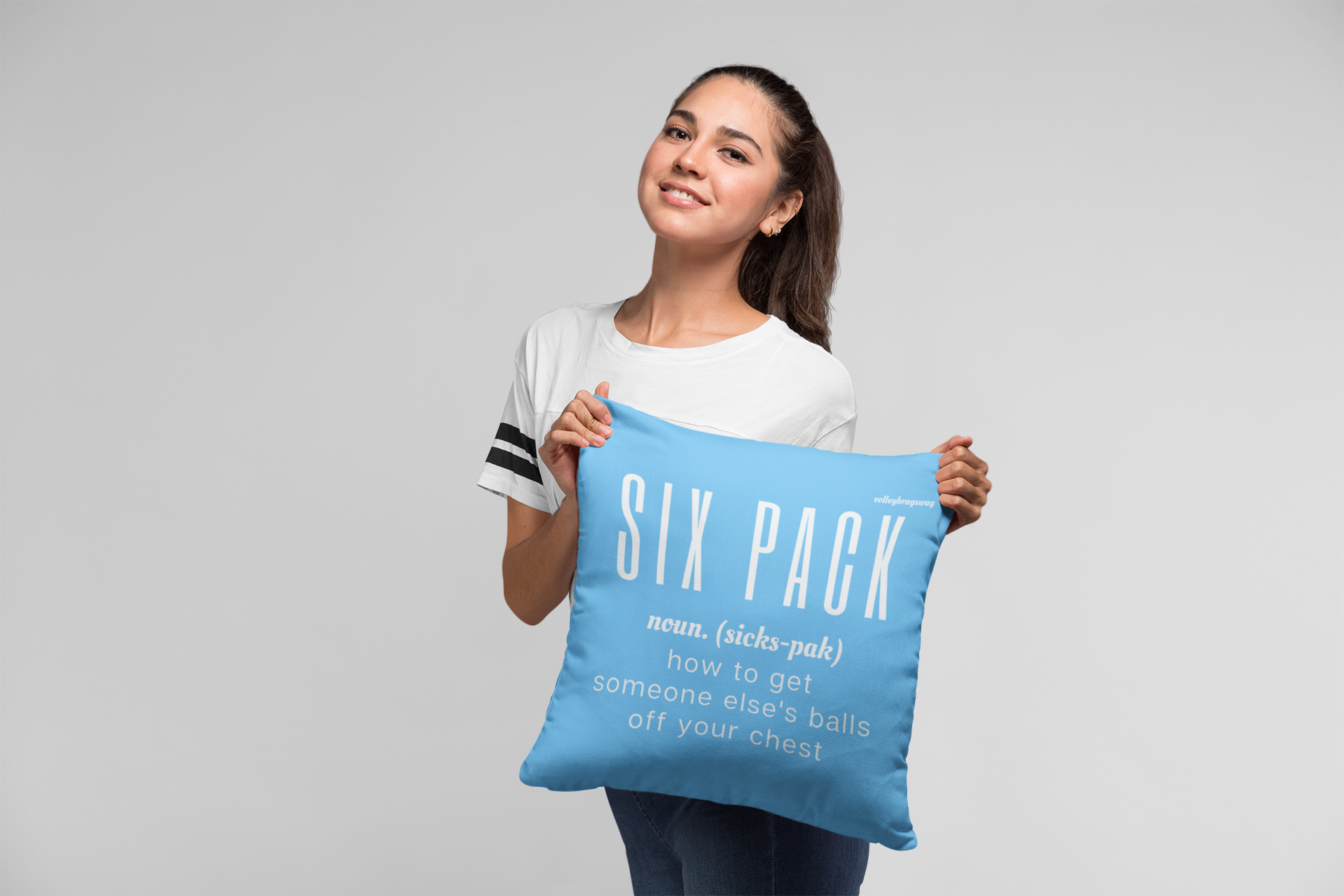 Sixpack (noun) How to Get Someone else's  Balls Off Your Chest volleyball pillow. April Chapple, Launches a Hilarious Volleyball Pillow Line With Fun Tongue-in-Cheek Designs sure to make players laugh.