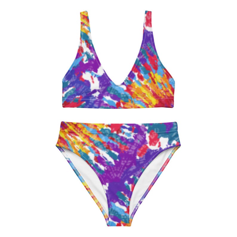Purple, pink, yellow, red and orange tie dye high waisted bikini designs are used and sprinkled into fun circular and paint splatter patterns...