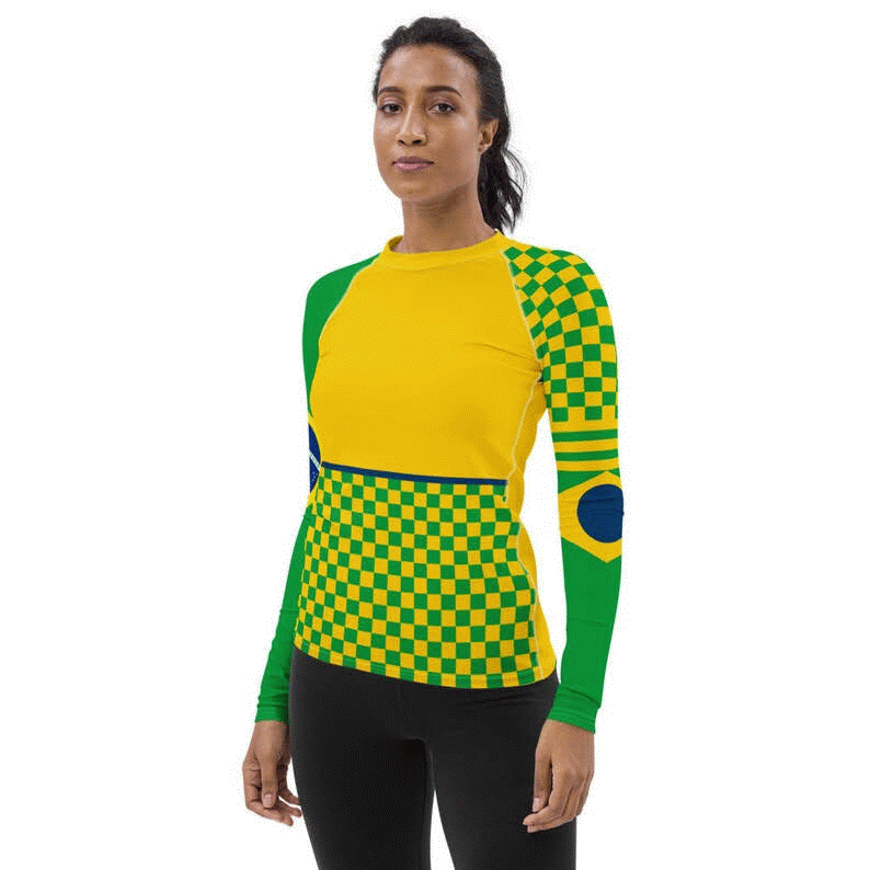 The colorful designs on the long sleeve rash guard by Volleybragwag are inspired by the Tokyo Olympics World Flags of countries in the volleyball tournament.  