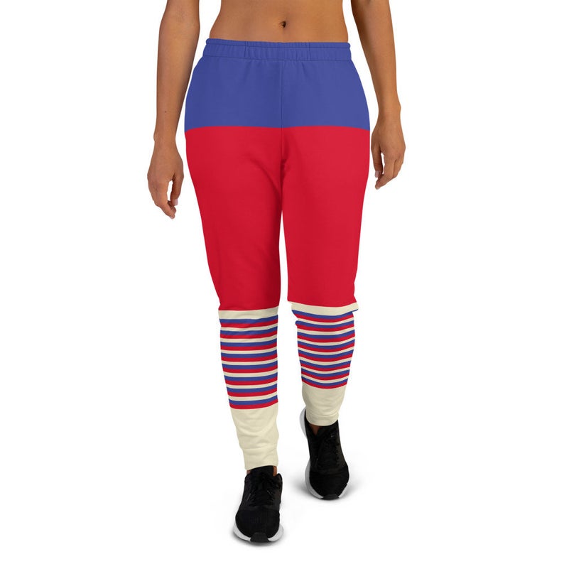 The Best Jogger Pants For Travel Are The Most Comfortable Sweatpants with Pockets with designs inspired by the Tokyo Olympics World flags..(Russia flag inspired joggers)..Click to shop on Etsy.