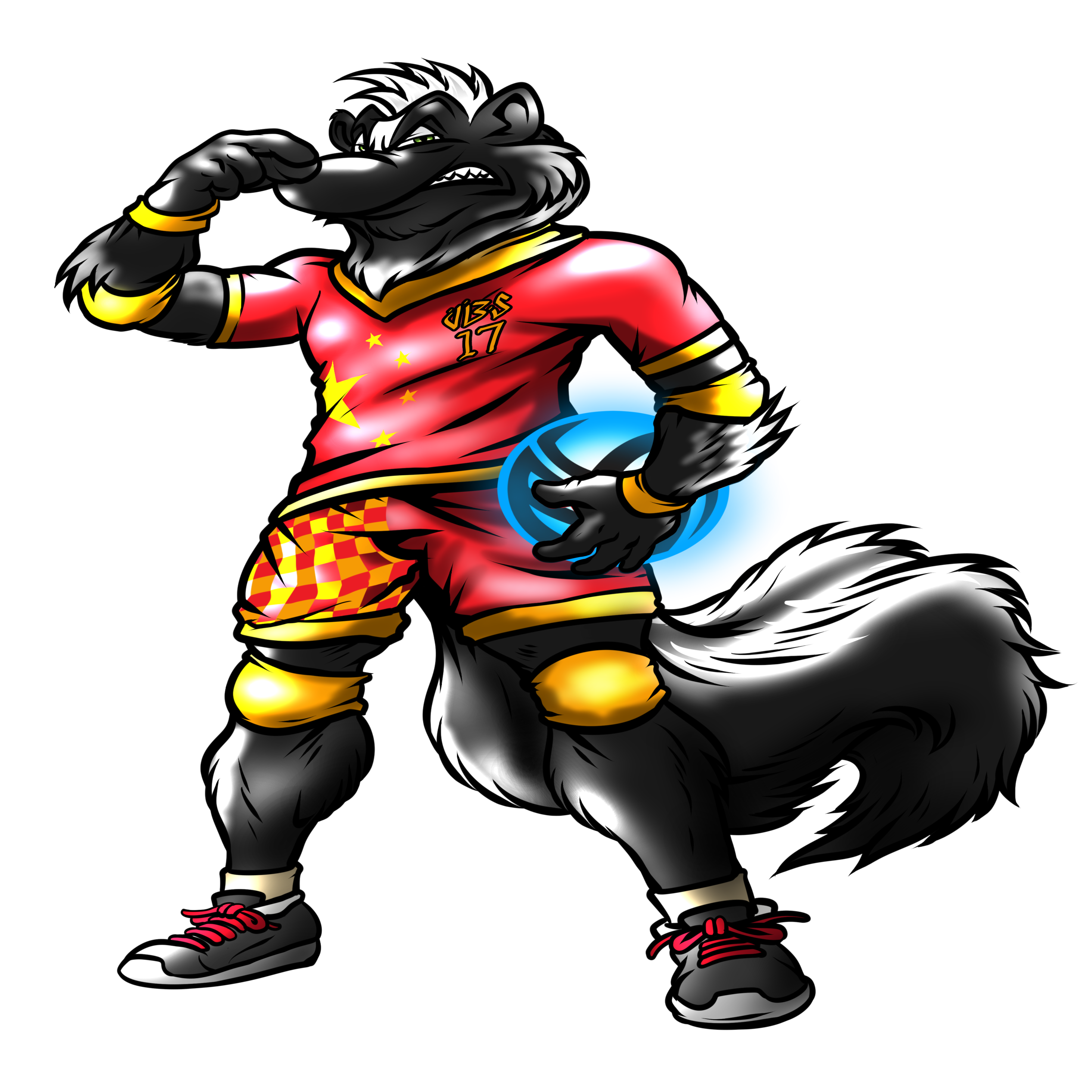 Skunk shirts by Volleybragswag have Cool Animal T Shirt Designs featuring Stank the Volleybragswag Skunk - Defensive Specialist. Stank wears a China flag inspired uniform.