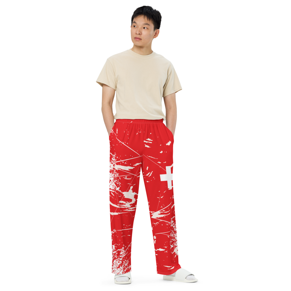 Switzerland Flag Inspired volleyball wide legged sweatpant designs sold in my Volleybragswag Etsy shop.