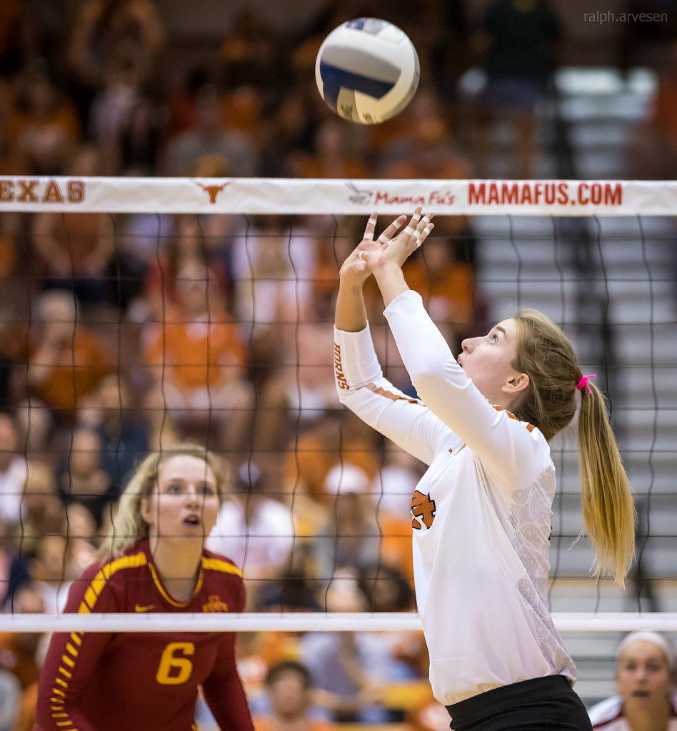 Blocking Volleyball Terms and Definitions: Iowa State hitter watches or reads the Texas Longhorns setter to see where she's going to set the ball. (Ralph Arvesen)