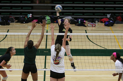 The Rules of Volleyball: Each team can only contact the ball three times and the third contact must go over the net.  (Shaun Calhoun)