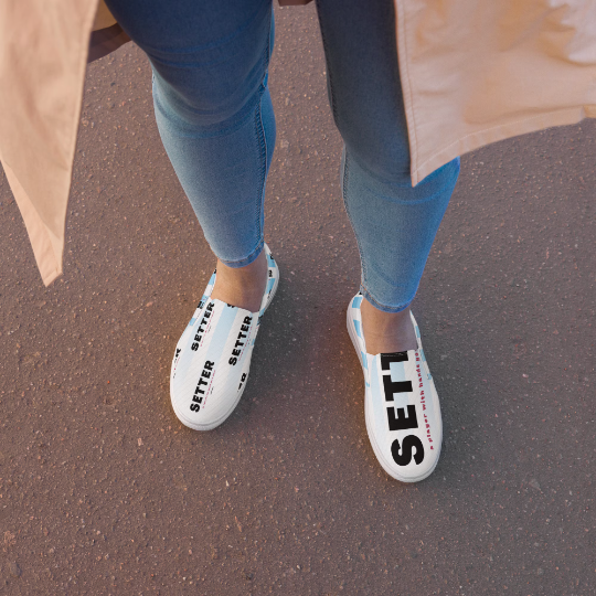 You can wear these blue and white womens slip on canvas shoes with the catchy volleyball slogan "SETTER
A player who sets dimes you could never" this summer on shoes and shirts available in my ETSY shop.