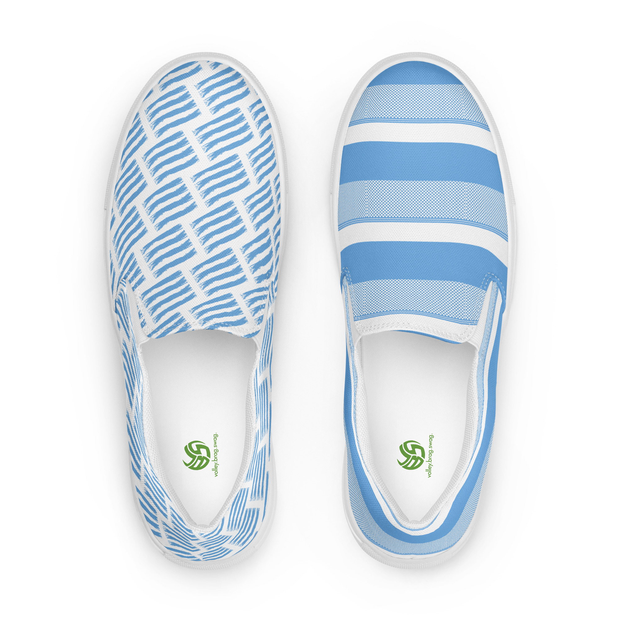 I designed my 2023-2024 women slip on canvas shoes with colorful patterns and cute volleyball designs so beach volleyball players can mix and match with swimwear like the light blue and white Argentina's pictured here.