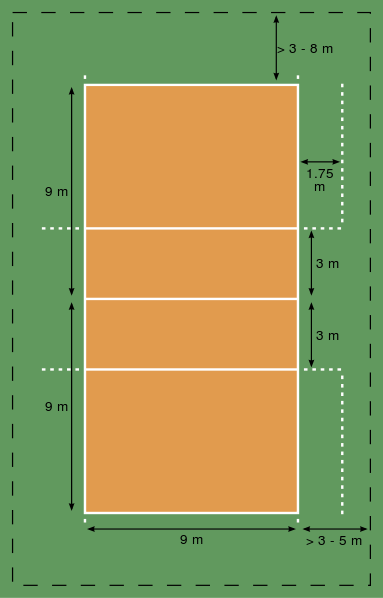 The Volleyball court lines are shaped like a 30 ft by 60 ft rectangle. In meters its 18 meters by 9 meters.