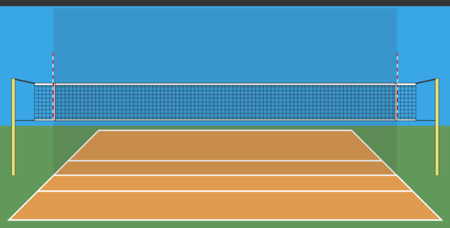 The net is hung directly above the center line at 7 feet 4 1/8 inches for women and 7 feet 11 5/8 inches for men on a regulation size volleyball court.
(Dimensions of a Volleyball Court diagram with Antennas)