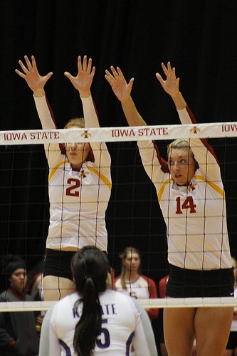 Blocking Volleyball Terms and Definitions: Iowa Players Reading The Block And Sealing The Net Photo by Matt Van Winkle