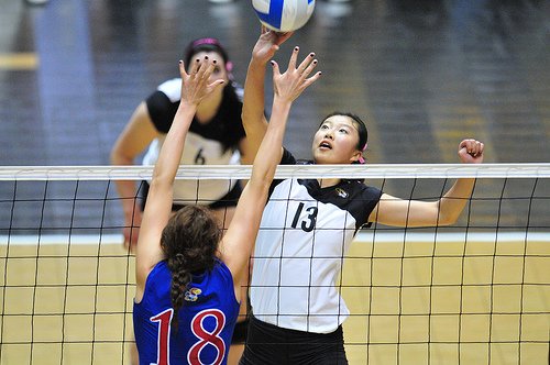 The middle blocker volleyball position is the first line of defense when the opposing team attacks.