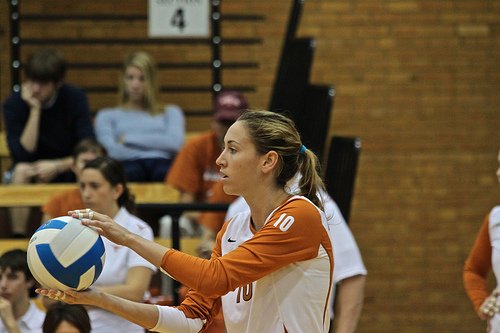 Volleyball serve techniques: The overhand serve, underhand serve and jump serve are the 3 volleyball serve techniques players learn. Texas' Ashley Engle about to serve the ball