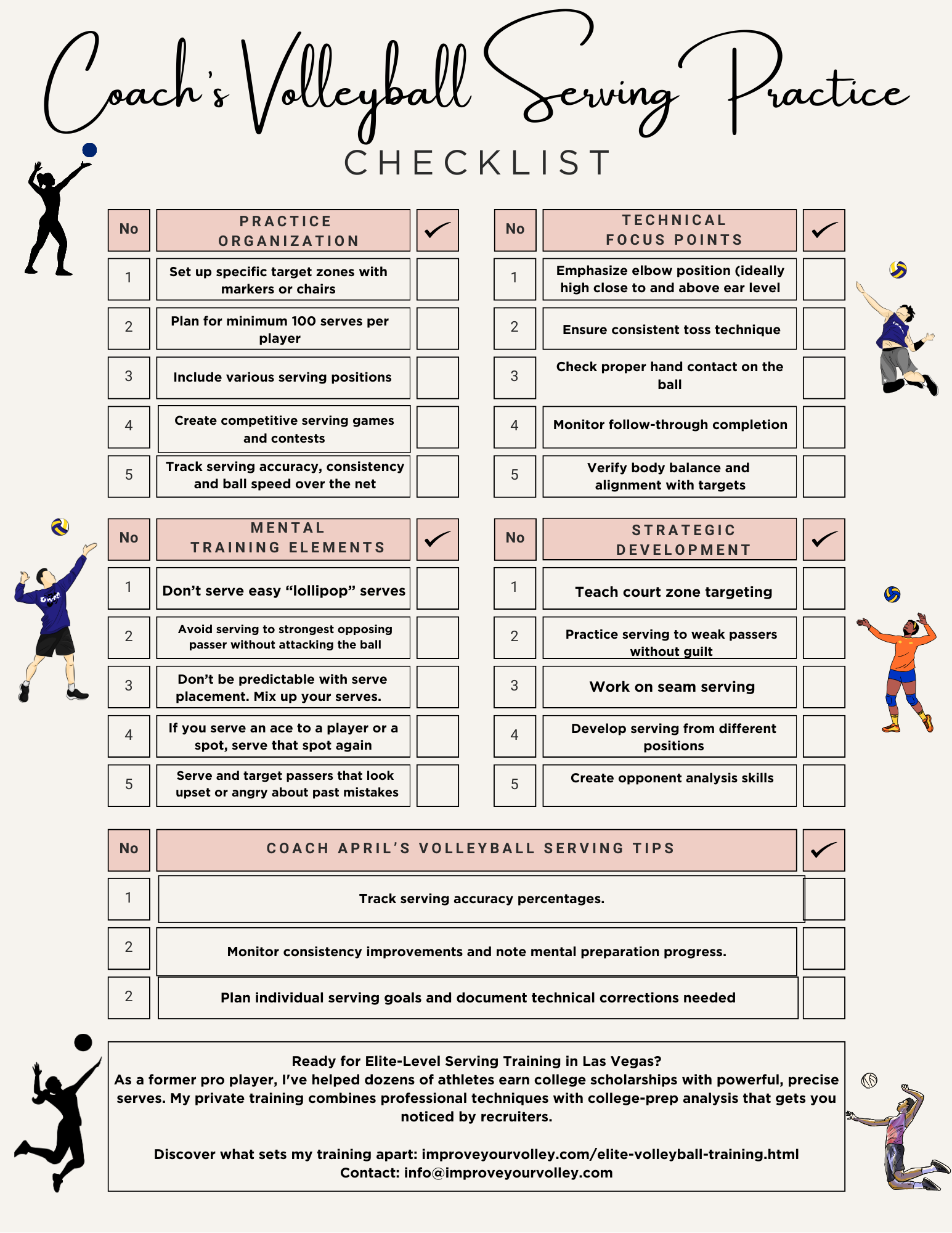 Coach's Volleyball Serving Practice Checklist is in the Complete Coaching and Parent Serving System Bundle:
-Get four (4) support-focused checklists covering

-Coach's Serving development methods
-Parent's Guide (no volleyball experience needed)
-Tactical Serving Strategy for teams
-Pre-Serving Ritual for mental training