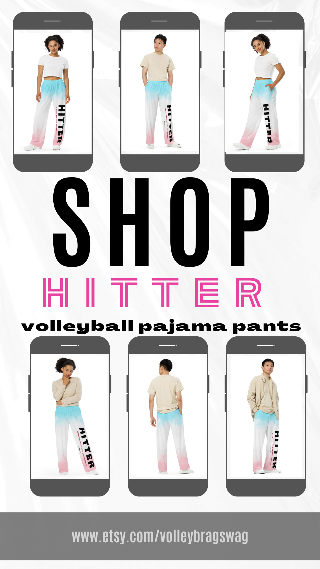 Now you know you want you some of these! Shop HITTER Volleyball pink white and blue tie dye wide leg pajama pants by Volleybragswag on ETSY! This you?

Collage-flyer-shop-pinkwhitebluetiedyehittervolleyballpajamapants