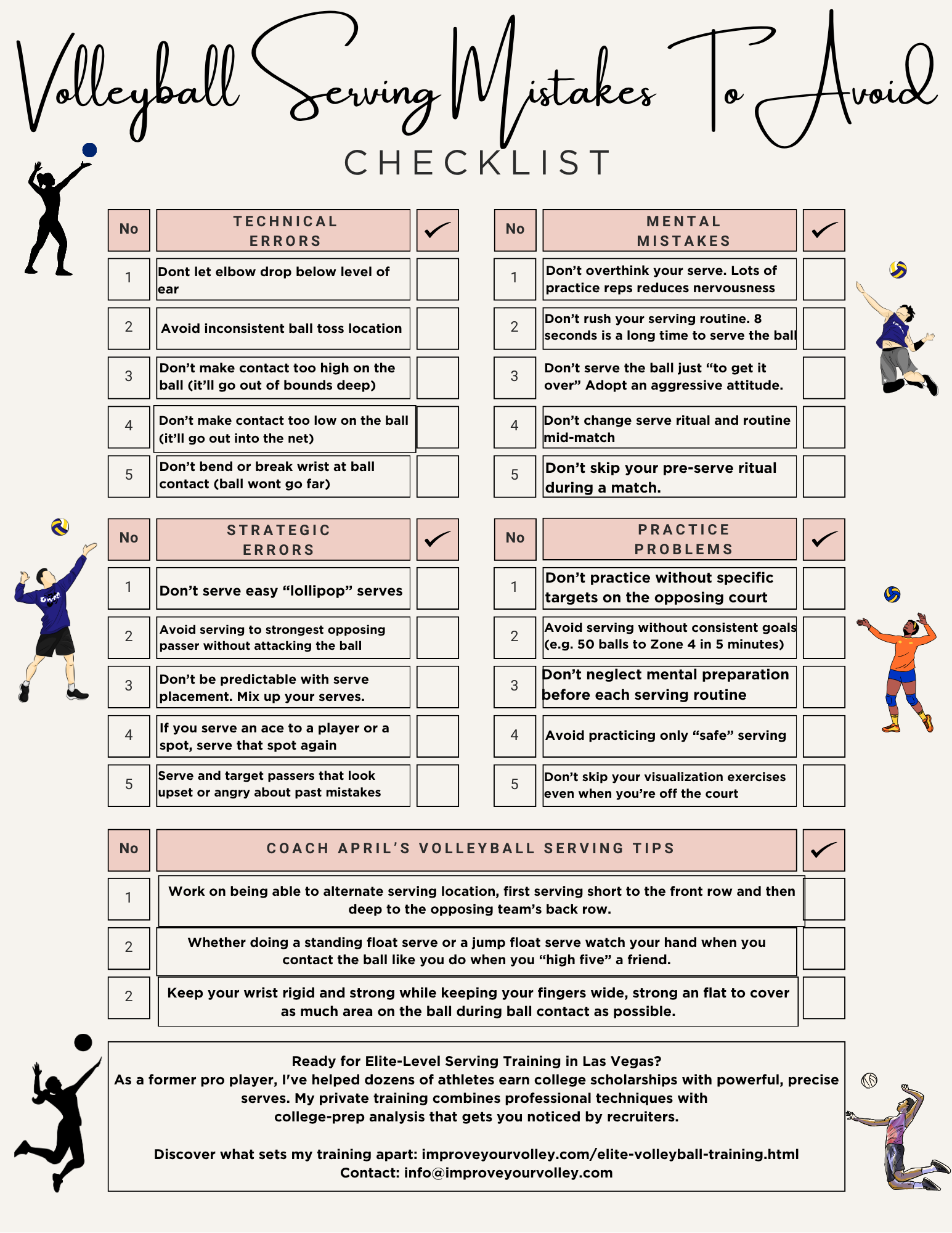 Common Volleyball Serving Mistakes Checklist is in the Complete Beginner Serving System 
Get four (4) systematic checklists covering
-Overhand Serve Fundamentals
-Consistent Toss Mastery (the "Two Up, One Forward" formula), 
-Serving Mistakes to avoid, and 
-Pre-Serving Ritual development