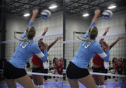 Types of Hits in Volleyball: Left handed spiker hitting a line shot from Zone 2. (Michael E Johnston)