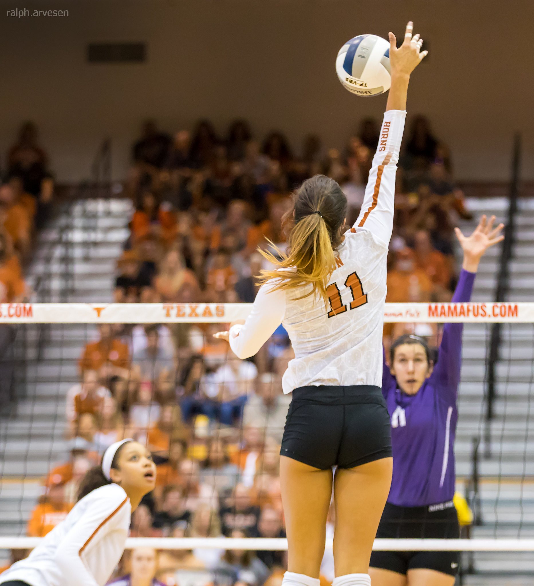 Volleyball Approach: When you take a good aggressive approach, make contact with the ball at its highest point and swing fast and high contacting the ball at its 12 noon point. (Ralph Arvesen)