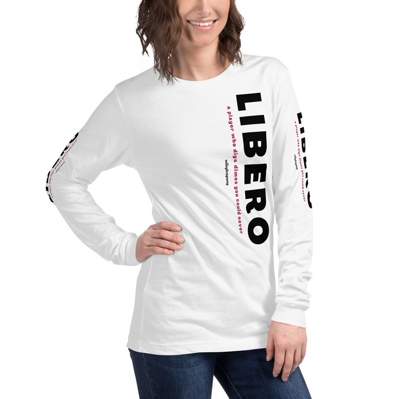 Long sleeve white shirts for volleyball with cute libero volleyball quotes like...Libero A Player Who Digs Dimes You Could Never Life available on Etsy at the Volleybragswag shop.