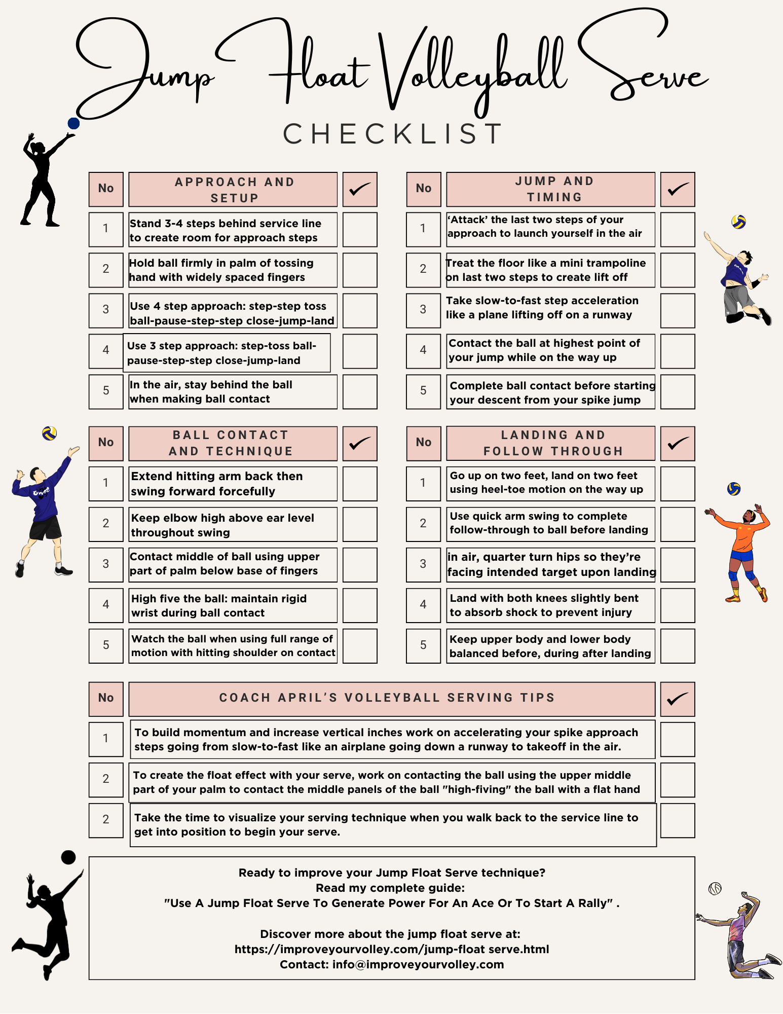 Jump Float Serve Checklist pdf

You'll Get: Approach and Setup Methods, Jump and Timing Techniques, Ball Contact Fundamentals and Landing and Follow-through