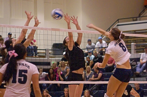 Tips For Short Volleyball Players: So what do most short players do? They try to out-jump the blockers. Most volleyball resources for short players focus on one thing: "Jump higher!"
(MWC Nevada Wolfpack photo Short Chinese Guy Hitter)