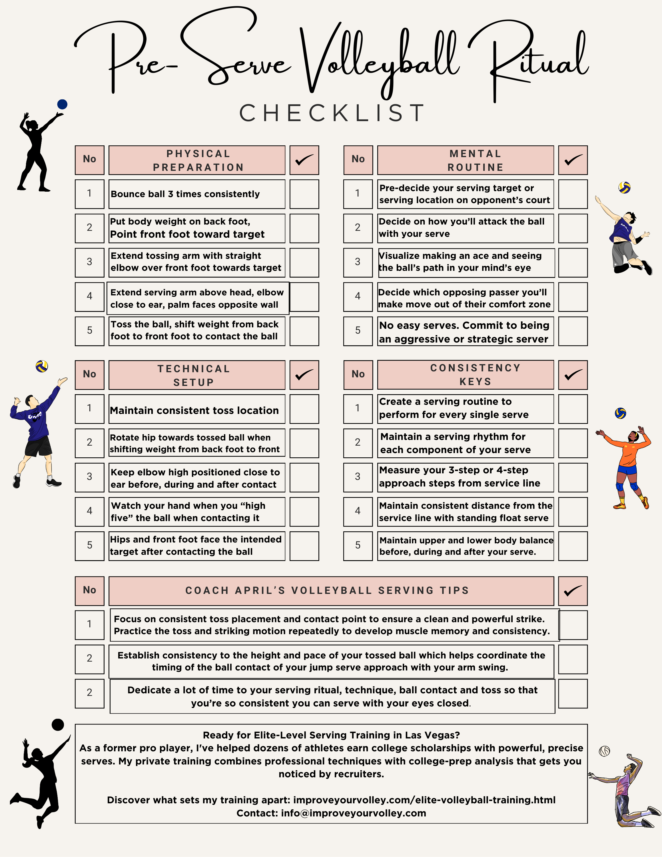 Pre Serve Volleyball Ritual Checklist pdf: You'll Get
✓3-bounce physical preparation setup system
✓Mental routine for target pre-selection and visualization
✓Technical execution checklist for automatic consistency
✓Proven tips for bulletproof toss consistency
✓Pressure-proof strategies that eliminate serving errors