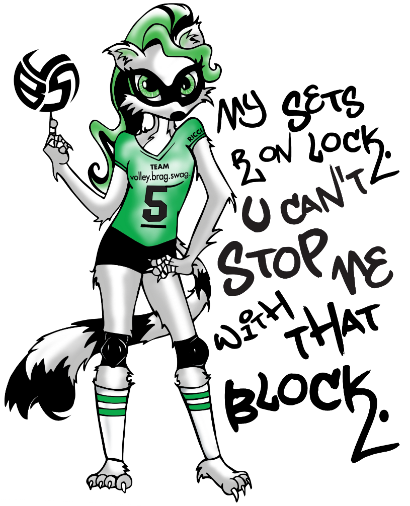 Volleyball T-Shirt Design By Volleybragswag Is Beast Inspired Attire created in 2013 by April Chapple. Meet Ricci the Volleybragswag Raccoon, setter and team captain.