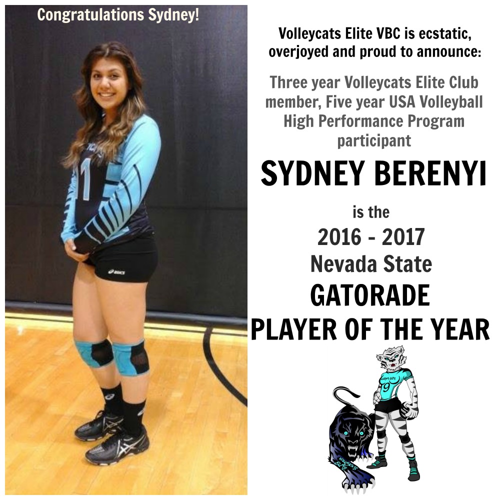 Congratulations to Junior now Senior, Volleycats Elite VBC Cougars 17s Elite

2016-2017 Nevada Gatorade Player of the Year
Nevada Preps Female Volleyball Player of the Year