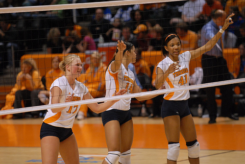 Before your team serves your front row players should be talking on the volleyball court. Before the serve Tennessee blockers call out the hitters on the opposing team. (TennesseeJournalist)