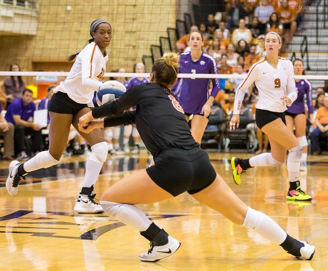 What's a pass in volleyball? One of the three most common ways that one player tranfers a ball to another by holding hands together and using their forearms 