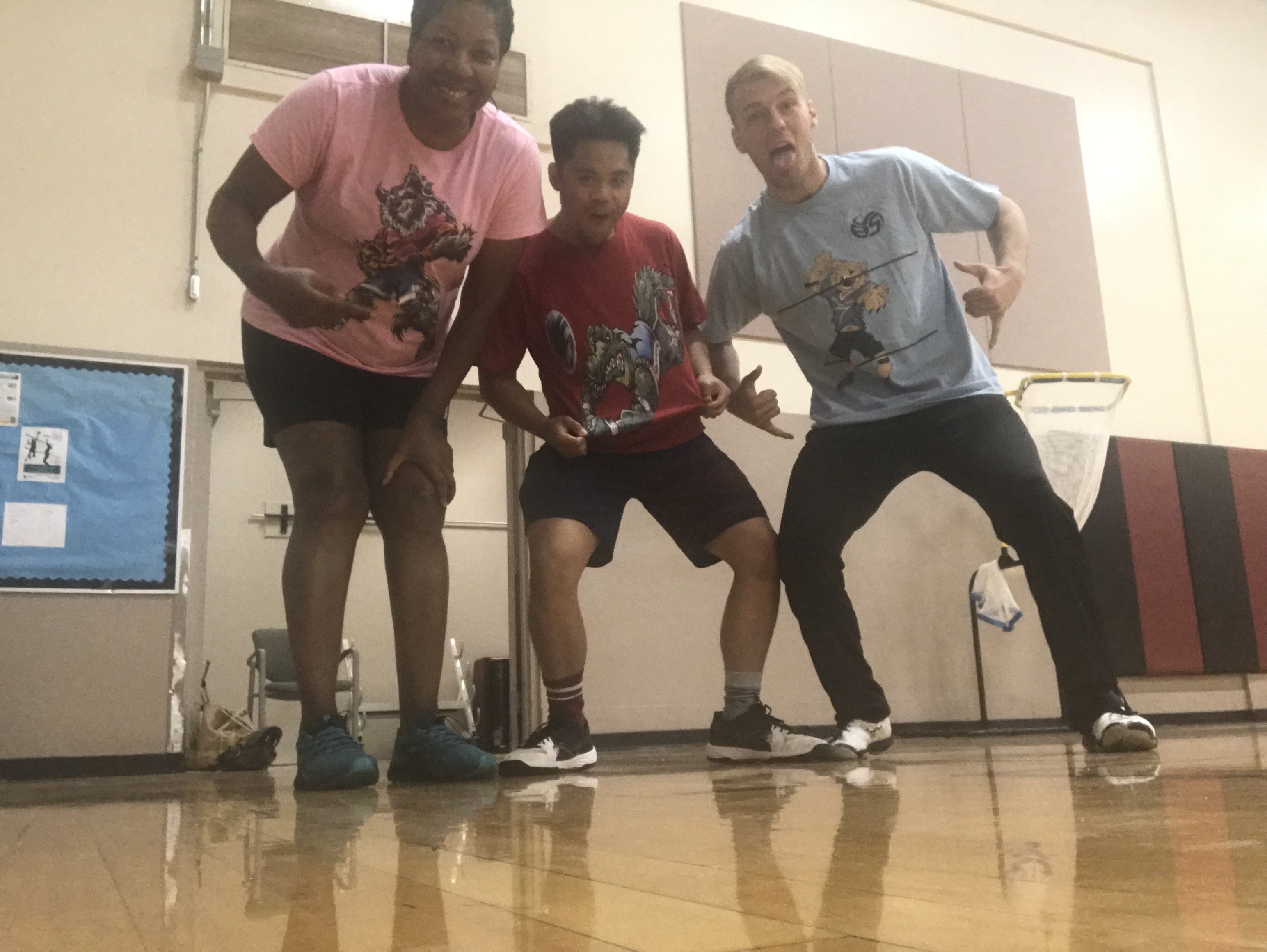 Coach April, Coach Kenny and Coach Brandon wearing our Volleybragswag funny animal shirts for the Improve Your Volleyball Middle School clinic June 10-11, 2019. (photo April Chapple)