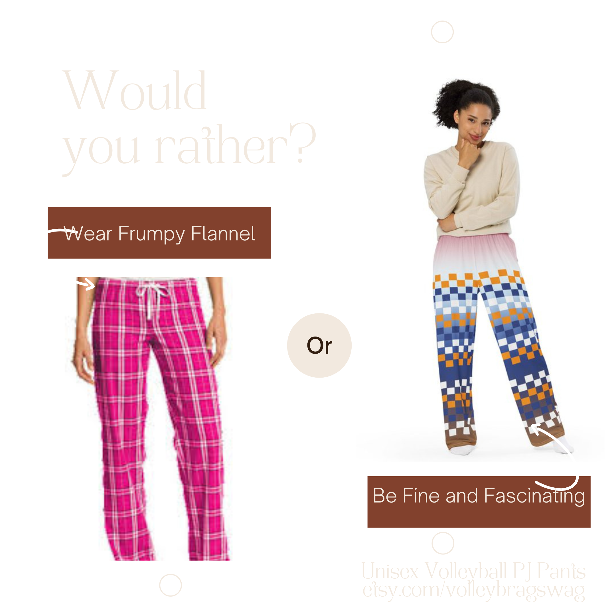 Say Good Bye To Frumpy Flannel Volleyball Pants And Say Hello To Fascinatingly Feisty Volleyball PJ Pants: These Dutch flag inspired wide leg lounge pants are available now on Etsy.