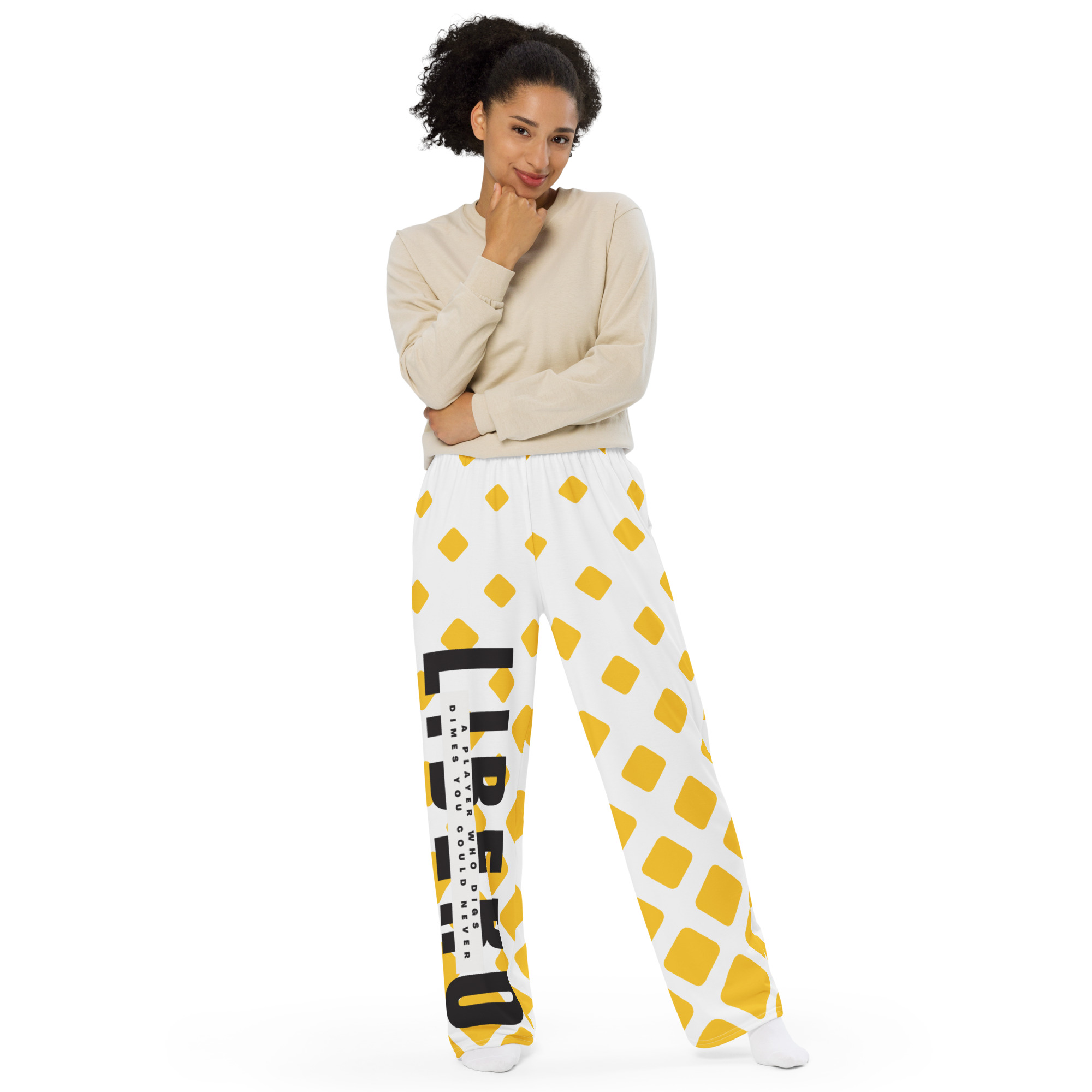 Hi my name is Coach April and I create inspiring volleyball designs on cute motivational volleyball clothes that empower volleyball players like these yellow pajama pj pants that hype up liberos.