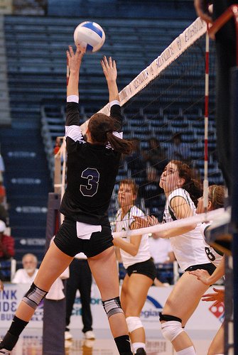 When players are taught to pass a volleyball, they are taught to pass to the right of the center of the net which is the area that separates zone 3 from zone 2. Butler setter at the net.