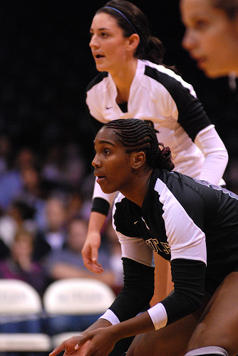 Volleyball Passing: Big East Butler players in serve receive watching and talking about what the opposing server is about to do. Watch the server before she serves for clues.