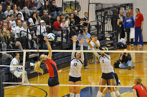 Court Volleyball Positions - The middle blocker's tracks the ball from the passer to the setter for clues as to which one of the hitters the setter's going to set. Penn State middle moves to block the outside . (John O'Brien)