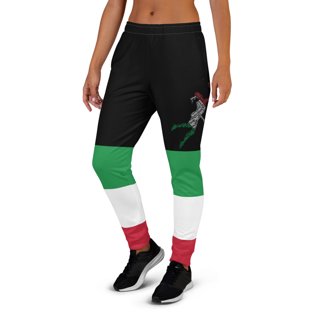The designs on the black jogger pants in the Volleybragswag line were inspired by the national flag of Italy made for fans of Olympic Italian volleyball teams.