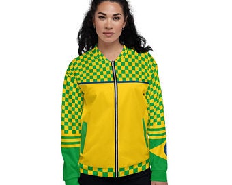 These Volleybragswag yellow and green bomber jackets inspired by the Brazilian Flag make great gift ideas for volleyball players