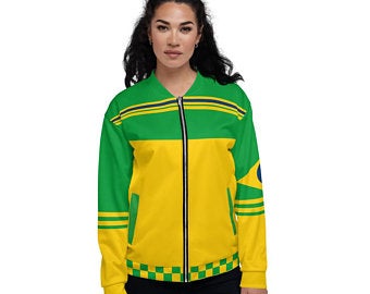 These Volleybragswag yellow and green bomber jackets inspired by the Brazilian Flag make great gift ideas for volleyball players