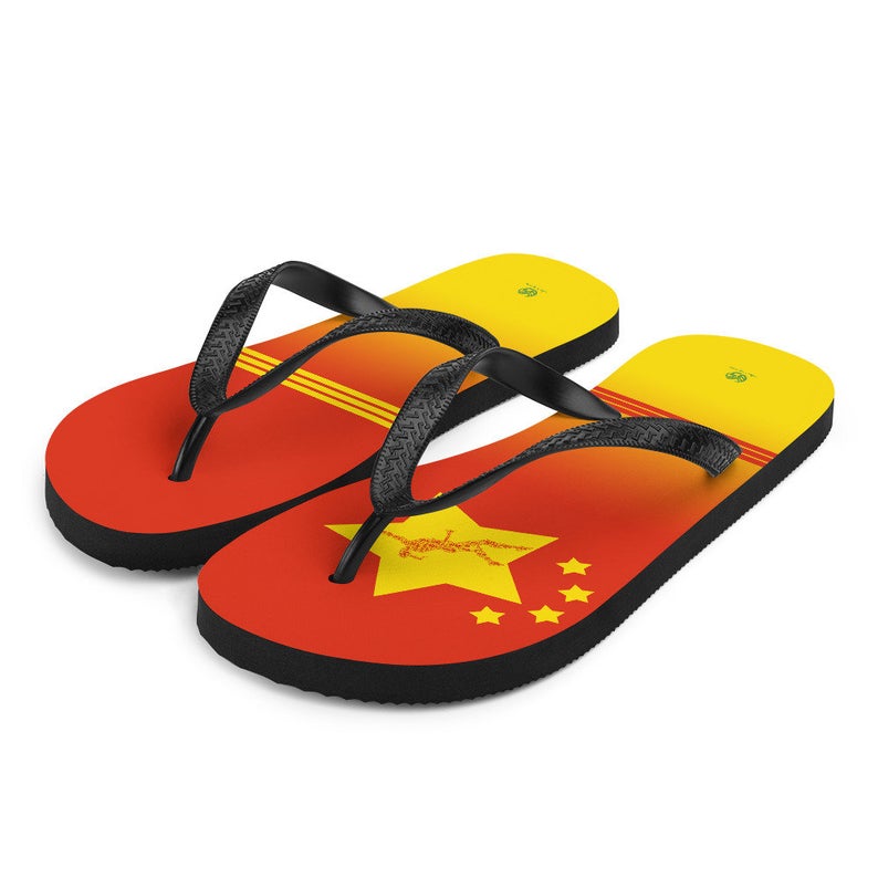 Flip Flop Shop Republic of China Flag Inspired Red and Yellow Flip Flop Designs
available now in my Volleybragswag ETSY store.