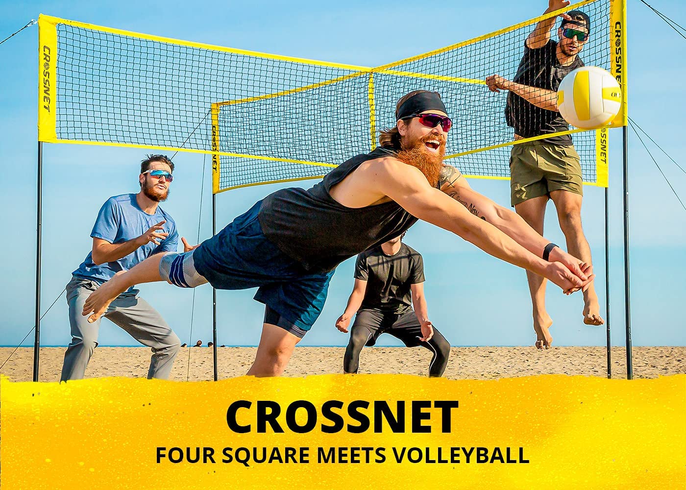 CROSSNET Four Square Volleyball Net & Game Set - Volleyball Set for Backyards - Yard Games for Kids and Adults Game Four Square Volleyball - Includes Poles, Carrying Backpack