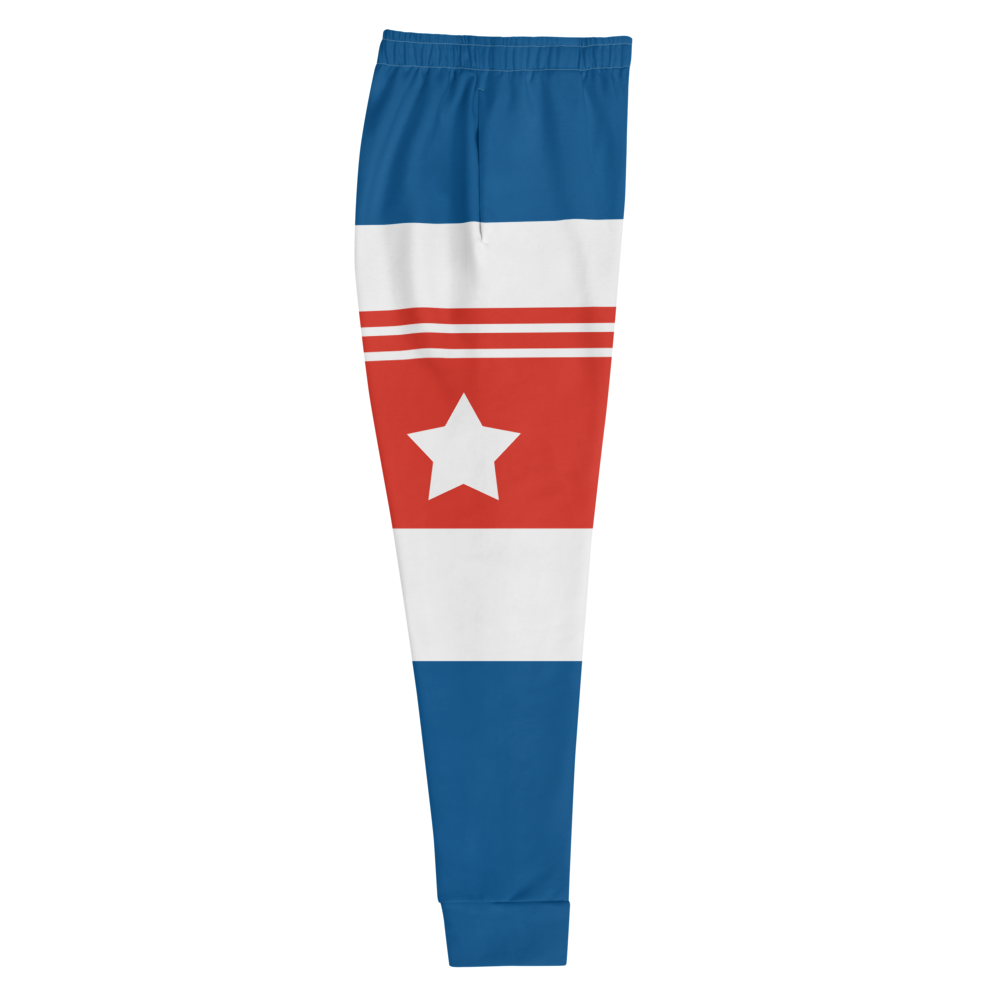 The Best Jogger Pants For Travel Are The Most Comfortable Sweatpants with Pockets with designs inspired by the Tokyo Olympics World flags..(Cuba flag inspired joggers)