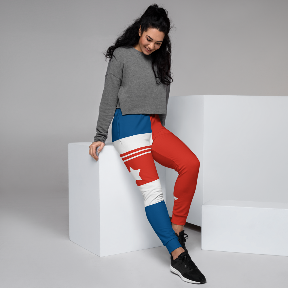 The Best Jogger Pants For Travel Are The Most Comfortable Sweatpants with Pockets with designs inspired by the Tokyo Olympics World flags..(Cuba flag inspired joggers)