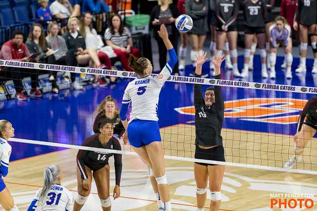 Florida Gators middle blocker Rachel Kramer attacks from the middle (Matt Pendleton)