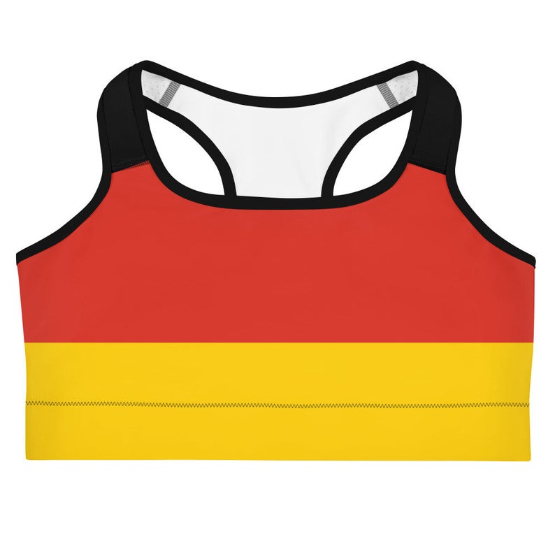 These gorgeous red sports bra with colors inspired by the flag of of Germany are made from moisture-wicking material that stays dry during low and medium intensity workouts.