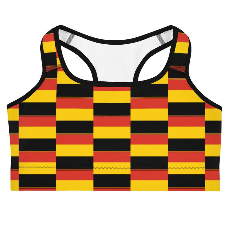 These gorgeous red sports bra with colors inspired by the flag of of Germany are made from moisture-wicking material that stays dry during low and medium intensity workouts.
