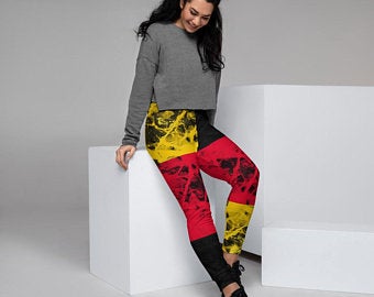 The Best Jogger Pants For Travel Are Colorful Womens Sweatpants with Pockets with designs inspired by the Tokyo Olympics World flags..(German flag inspired joggers)