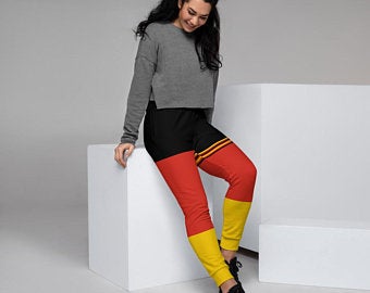 The Best Jogger Pants For Travel Are Colorful Womens Sweatpants with Pockets with designs inspired by the Tokyo Olympics World flags..(German flag inspired joggers)