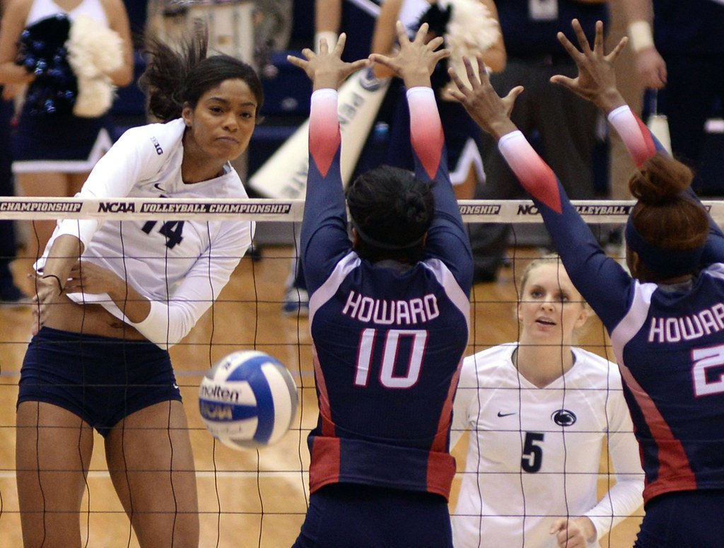 Howard blockers block cross court against Penn State outside hitter Aiyana White during the Nittany Lions' 2015 NCAA Volleyball Tournament match on Dec. 4 at Rec Hall. (Penn State News)