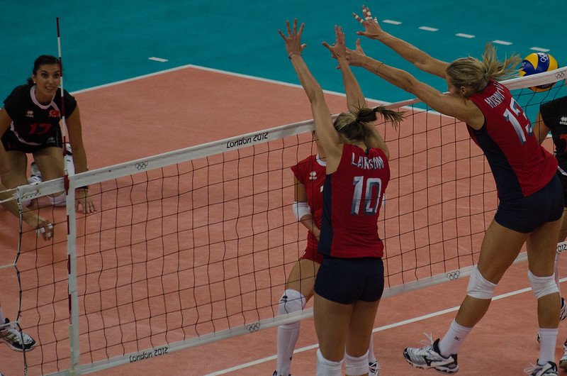 What is blocking in volleyball? when the serving team's on defense with 3 front row blockers who try to stop opposing hitters from hitting into their court.