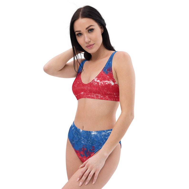 Some of the Volleybragswag tie dye high waisted bikini designs feature the principal colors of a country's flag uniquely manipulated into a tie dye design. Click to Shop on Etsy